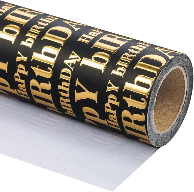 WRAPAHOLIC 3D Kraft Embossed Birthday Wrapping Paper Roll, Gold & Black Happy Birthday Gift Wrap, Premium Textured Paper for Birthday Party, Holiday Gifts & Celebrations,17 Inch x 16.5 Feet