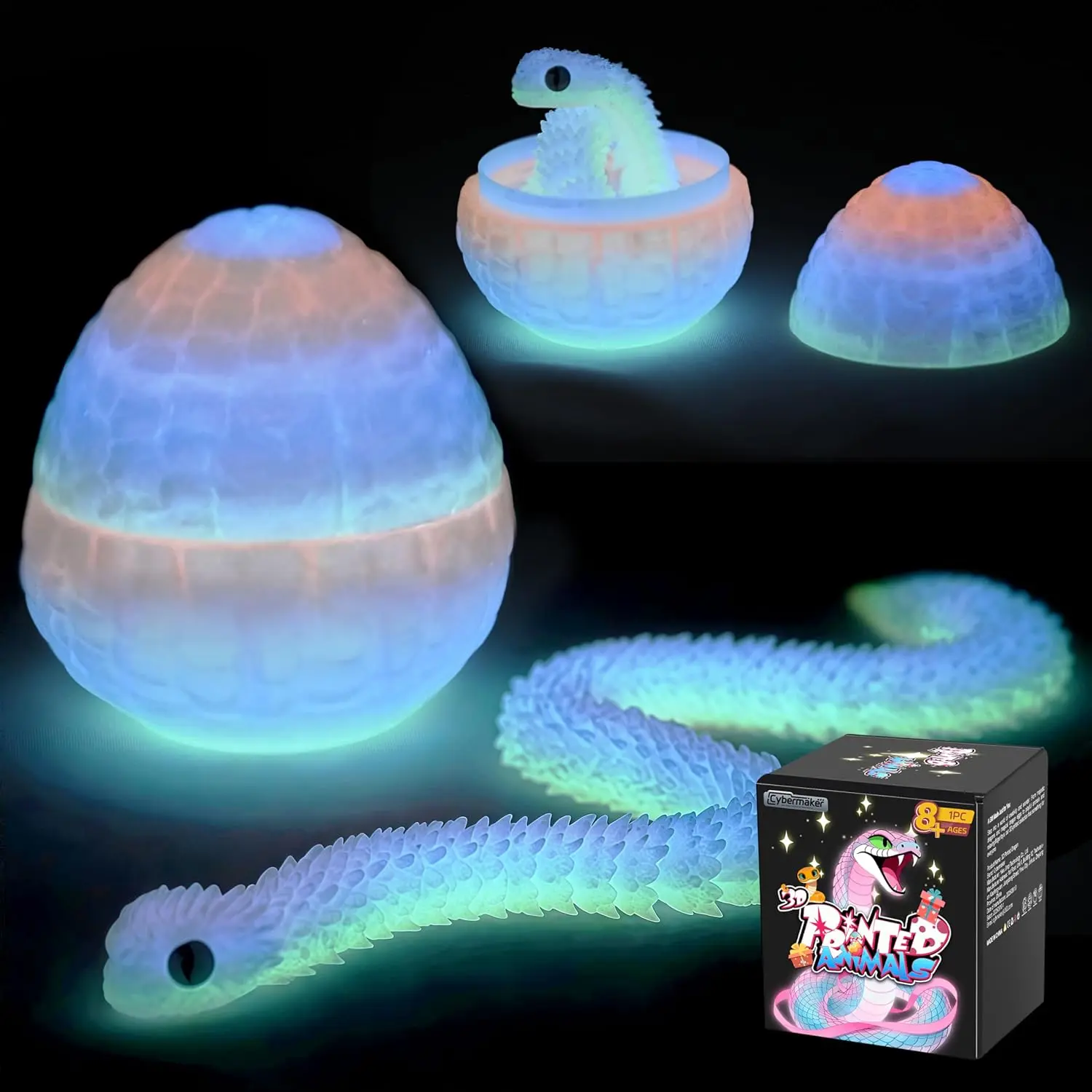3D Printed Snake Toy with Egg, Printed Crystal Dragon Flexible Articulated Hinged 3D Printed Animal, Fidget Snake for Stress Relief, Desk Pet Home Office Decor, for Kids Adults Collectors