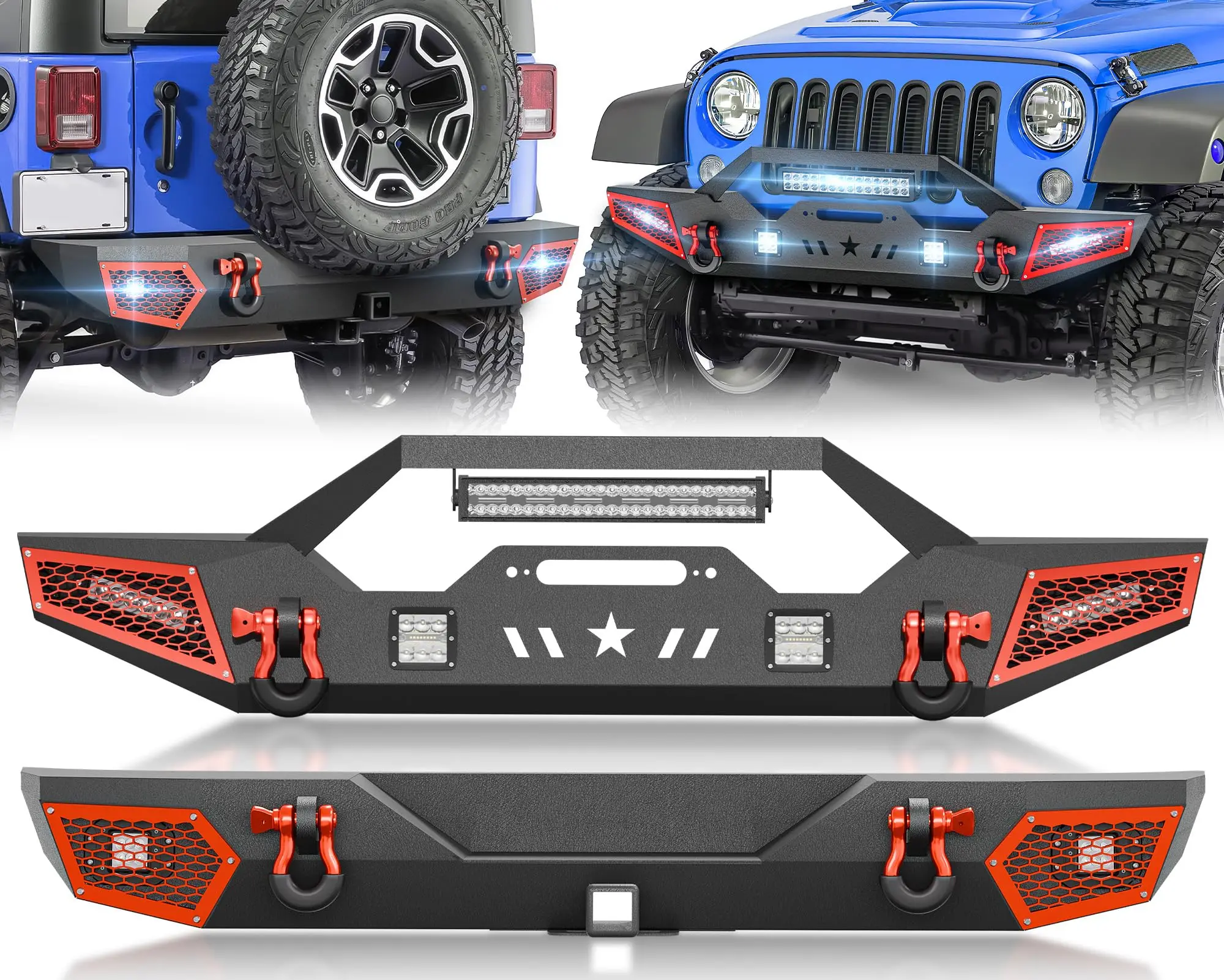【EYOUHZ】Front and Rear Bumpers Compatible with 2007-2018 Jeep Wrangler JK JKU Unlimited 2/4 Doors with Winch Plate, 7 x LED Lights, 2" Hitch Receiver, Paintable Armor & D-rings,car accessories
