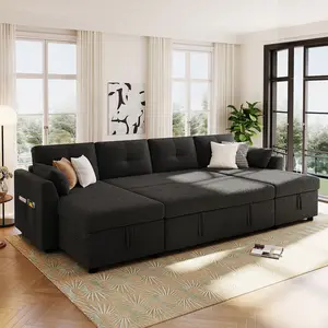 Modern Sectional Sofa U-shaped Sleeper Sofa 107" Sofa Bed with Ample Storage Space and Universal Serial Bus Ports for Living Room, Black