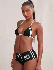 Women's String Bikini Set - Cheeky Sporty Athletic Striped Swimwear, Beach Vacation Style, Summer Festival Wear