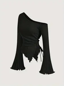 Elegant Solid Color Women's T-Shirt Tops, Asymmetric Neckline, Long Sleeve, Elastic Polyester Blend, Fitted, Fall Winter Perfect Choice