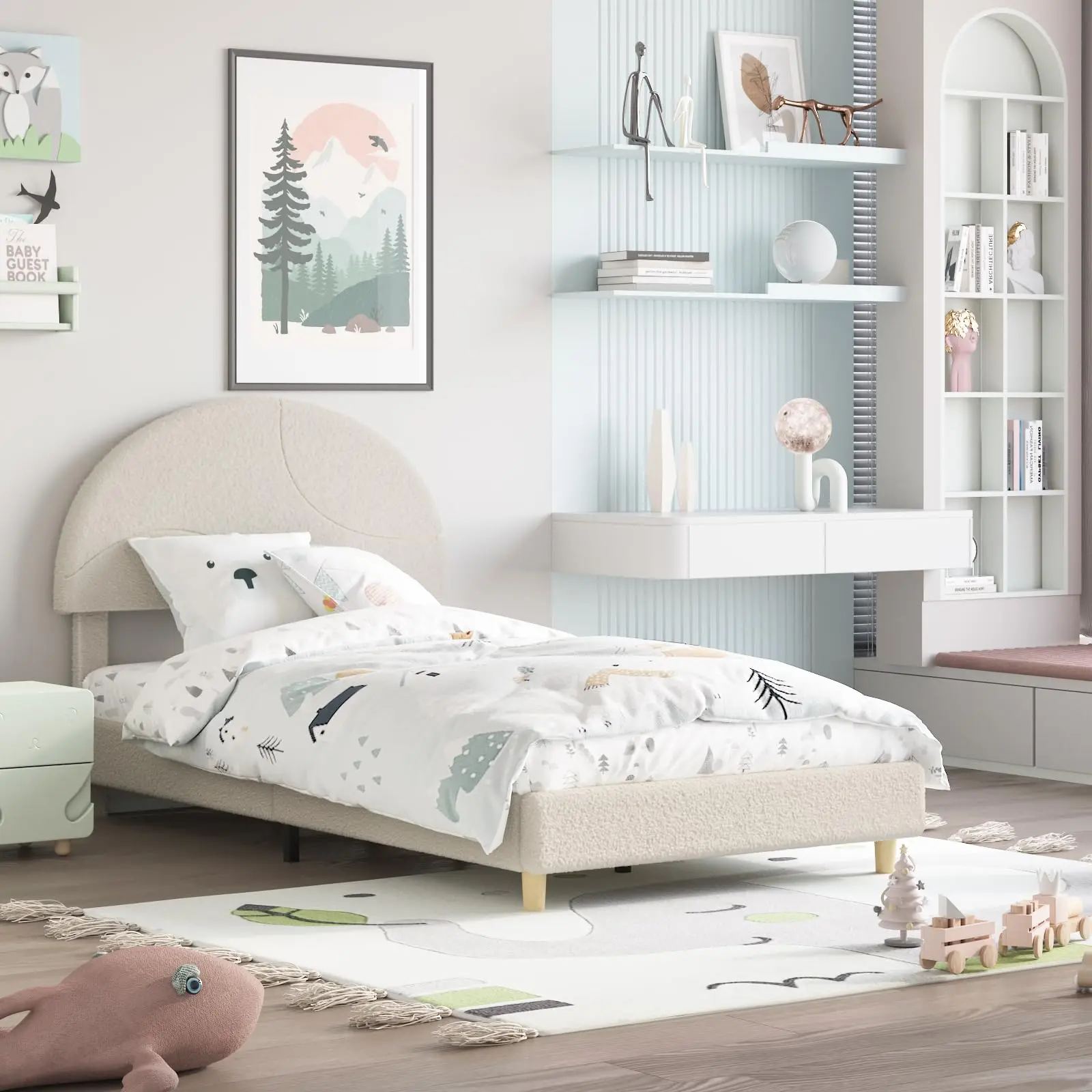 Garvee Twin Bed Frame with Round Boucle Upholstered Headboard in Soft Pink, Blue, or White Featuring Arch-Shaped Design, Wooden Slats, No Box Spring Needed, and Easy Assembly for Modern Rooms