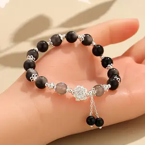 Grey Moonlight Silver Obsidian Lotus Bead Jade Bracelet Men's and Women's Chinese Style Cat Eye Stone Grape Stone Handstring Jewelry