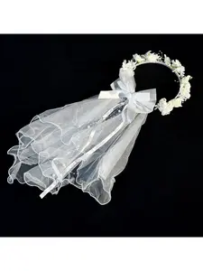 Bridal wedding veil, princess crown, bow hairband, rose petal edge netting party hair accessories, flower crown