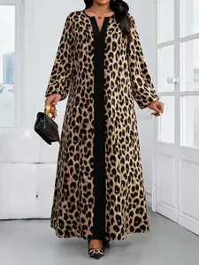 Women's Plus Size Casual Fit V-Neck Long Sleeve Leopard Patchwork Print Dress, Elegant Chic Arabic Style, Perfect for Spring Summer, Daily Wear, Womenswear