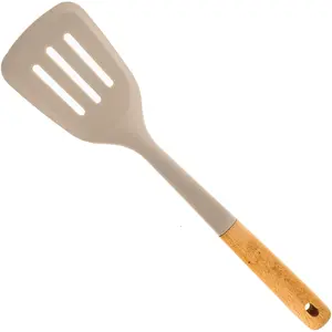 BEILLE Beech Wood & Slotted Silicone Spatula - Light Grey, BPA-Free, Heat Resistant, Dishwasher Safe, 13.5" Length, Kitchen Utensil for Baking & Cooking, Hanging Handle