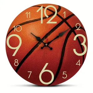 1pc Basketball-Themed Round Wall Clock 25cm with Wooden Frame – Silent Non-Ticking Quartz Movement, Battery Operated (AA Not Included), DIY Installation, Perfect for Bedroom, Living Room, Office, Kitchen, or Bathroom Decor