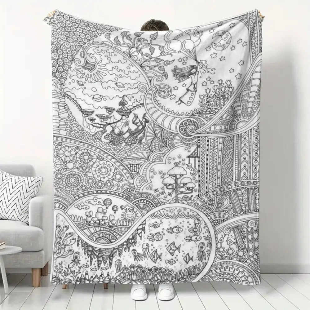 Boho Coloring Book Style Blanket, Soft Flannel Throw Blanket with Black White Doodle Landscape Mandala Print, Cozy Gift for Adults Teens Artists and Girls, Aesthetic Room Decor for Bed Couch Sofa Dorm, Relaxing Art Blanket for Movie Night