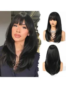 Women's Layered Medium Long Straight Human Hair Wig with Bangs, Heat Resistant, Natural Look, Suitable for Daily Use