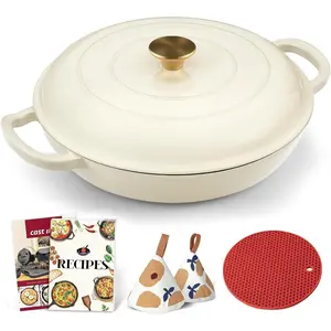 Enameled Cast Iron Dutch Oven - 3.8 Quart Dutch Oven Pot with Lid - Shallow Cookware Braising Pan - Cast iron Casserole with Cookbook & Heat-resistant Caps - Oven Safe up to 500? F