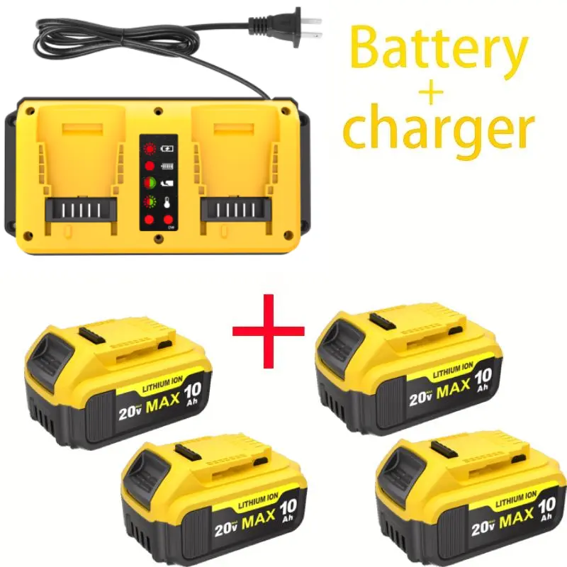 4Battery+Charger Cordless Tool Batteries Combo, 10.0Ah Longer Run 20V Lithium-Ion Replacement for Dewalt DCB Series Tools - Overprotection, Compatible with DCB200, DCB205, DCB206 & More Models