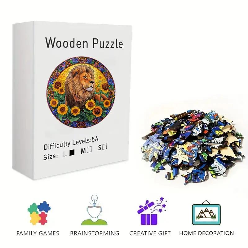 Intricate Psychedelic Lion & Floral Wooden Jigsaw Puzzle - Difficult, Engaging, Premium Wood Cutouts, Observation-Focused Toy for Adults+Kids, Great Gift for Animal Lovers, Stained Glass Art Enthusiasts