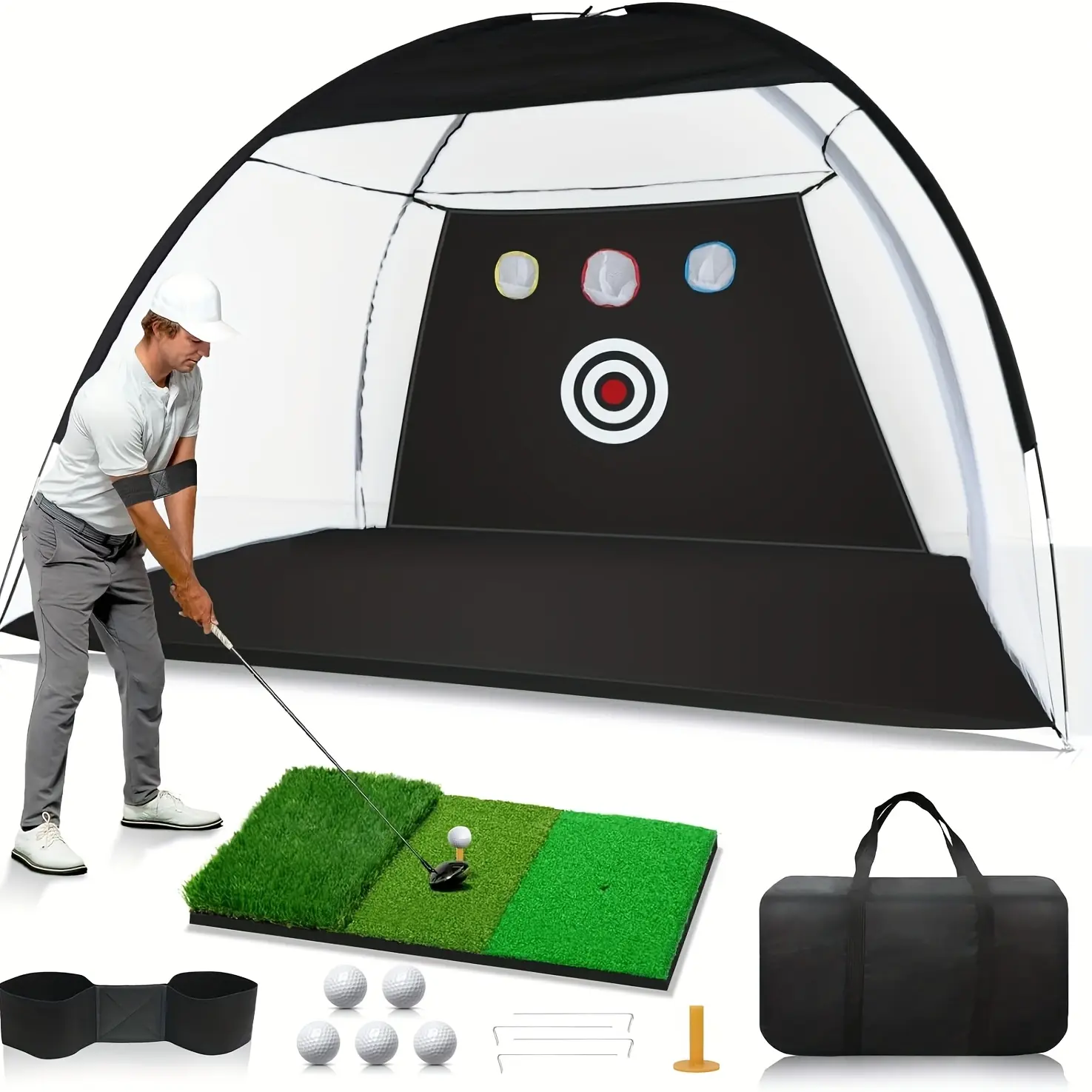 Heavy-Duty Full-Size Golf Practice Net Set (10x7 Ft) – Golf Accessory with Mat, Target, Portable Bag, ABS Construction for Indoor/Outdoor, Home Use