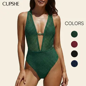CUPSHE TikTokShopSpringGlowUp 2026 New Crochet Mesh V-Plunge One Piece - High-Cut Tummy Control Monokini Swimsuit women for Beach & Pool Parties | Sculpting Waist