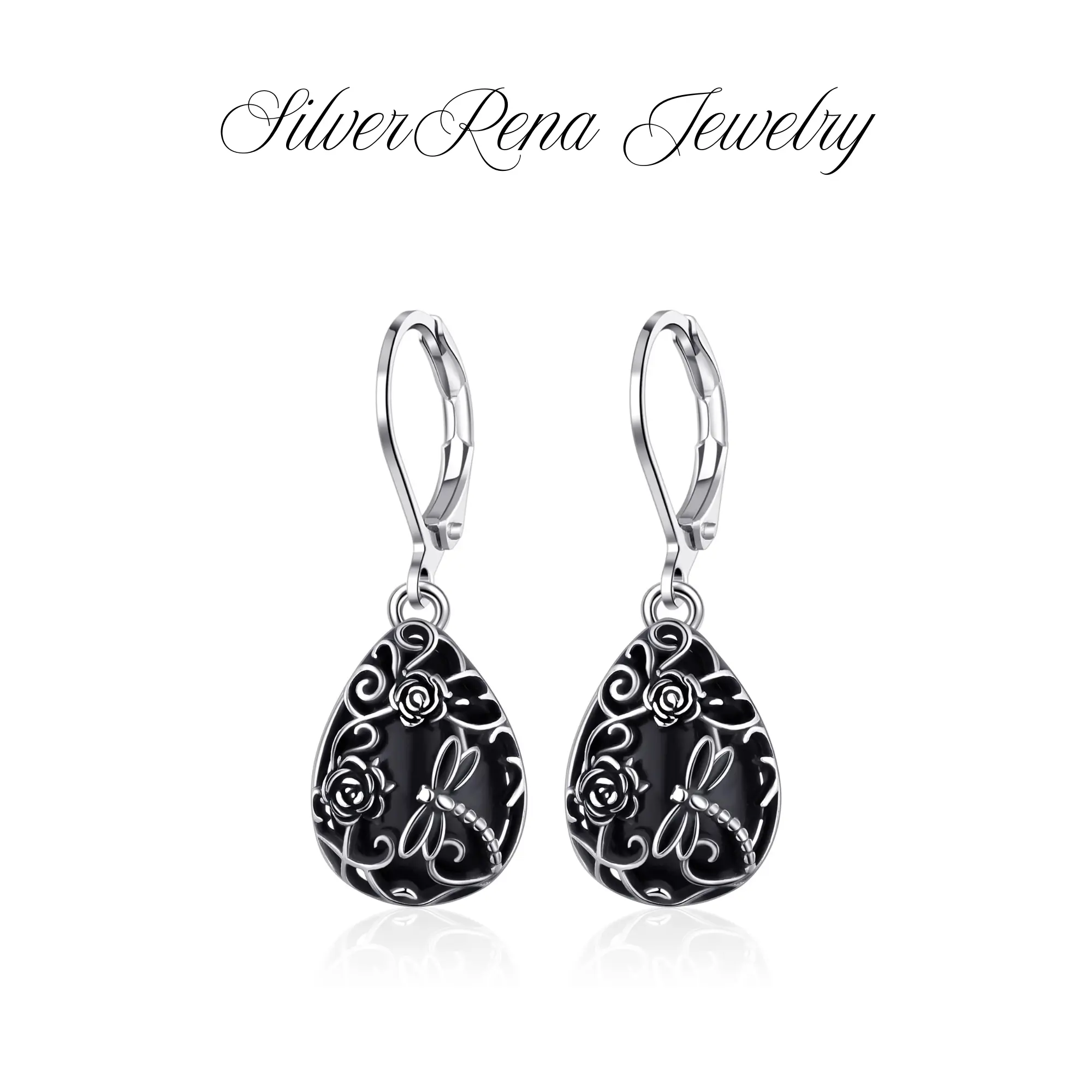 S925 Black Onyx Earrings, Sterling Silver Pair of Synthetic Obsidian Drop Earrings, Black Flower and Dragonfly Patterns, Oval-shaped Droplet-like, 5A Cubic Zirconia,  High-end Fashion for Women, Perfect for Daily Wear and Gift Giving