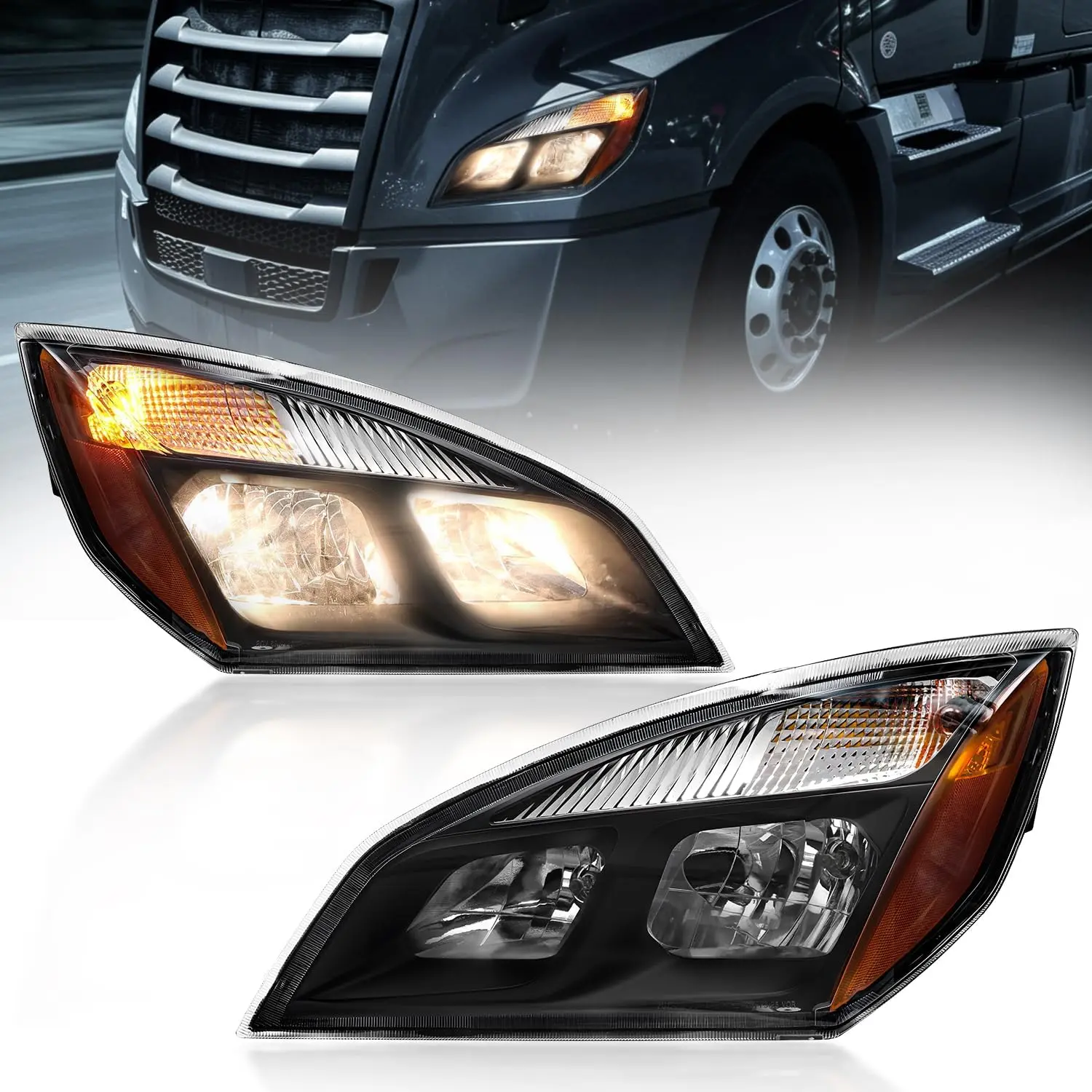 Halogen Headlight Assembly for 2018-2024 Freightliner Cascadia, Black Housing Front Headlamp Replacement (Left/Right/Pair)