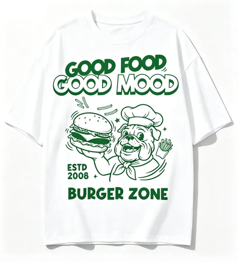 Women's 100% Cotton Short-Sleeve Casual Round Neck Good Food Good Mood Burger Bulldog Chef Graphic T-Shirt, Comfortable Fast Food Themed Top