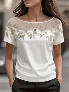 Elegant Satin Women's Floral Embroidery Sheer Mesh Neck Short Sleeve Casual Top, Stylish Summer Fashion, Comfortable & Chic