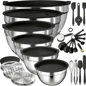 23 PCS Stainless Steel Mixing Bowls Set with Lids Graters Whisk & Spoons Nesting Stackable Kitchen Baking Tools Essential for Mixing Grating & Serving Tableware