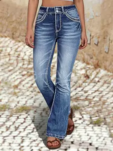 Plus Size Womenswear Jeans with Dual Button Design at Natural Waist, Fashionable Fitted Micro Flare Leg Pants with Pockets, All Seasons Wear