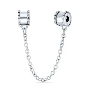 Sterling Silver Beaded Edge Handcuff Double Safety Chain Stopper Daisy Flower Charm Bead for Bracelet