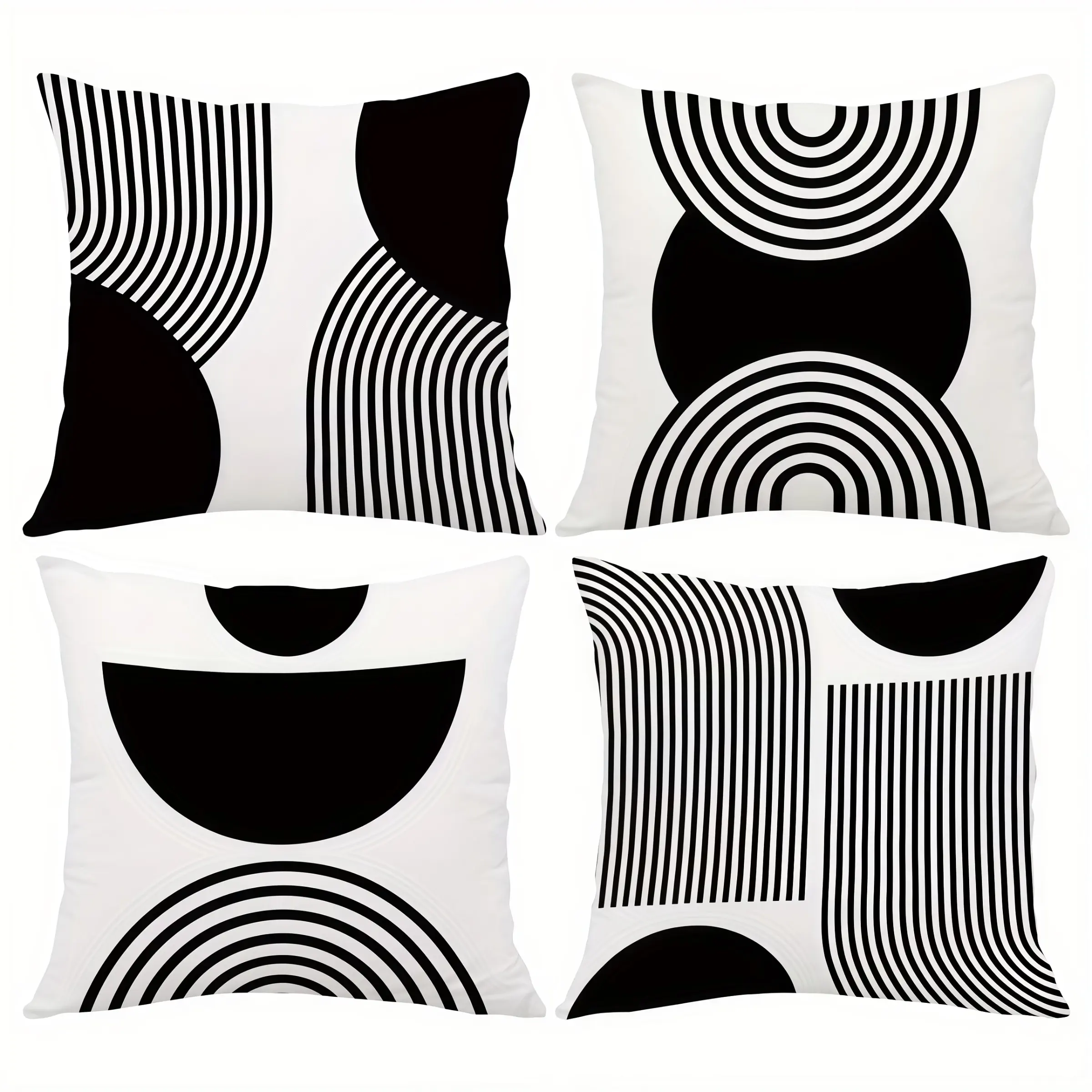 4pcs-Black & White Geometric-Themed Throw Pillow Covers, Geometric Patterns, Modern Abstract Circle & Stripes Design, Decorative Cushion Covers for Sofa, Bed, Living Room & Bedroom, Single Sided Printing, No Pillow Core, Room Cozy Accessories