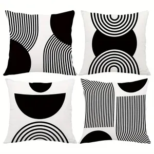 4pcs, Black & White Geometric-Themed Throw Pillow Covers, Modern Abstract Circle & Stripes Design, Geometric Patterns, Decorative Cushion Covers, Versatile Use for Sofa, Bed, Living Room & Bedroom, Single Sided Printing, No Pillow Core
