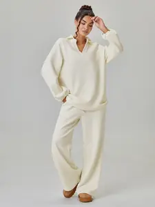 Women's Modest Fashion Style Loose Fit V-Neck Long Sleeve Knit Sweater Set with Drawstring Waist Pants, Casual Plain Pattern, Fall & Winter Womenswear