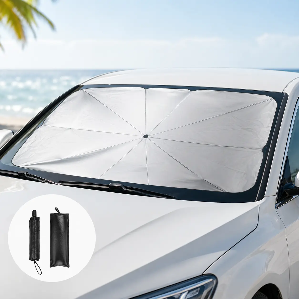 Multipurpose Foldable PVC Fabric Car Front Window Sunshade - UV-Blocking UV Filtering Umbrella, Heat Shielding Accessory, Fits Sedans & SUVs, Must-Have for Drivers