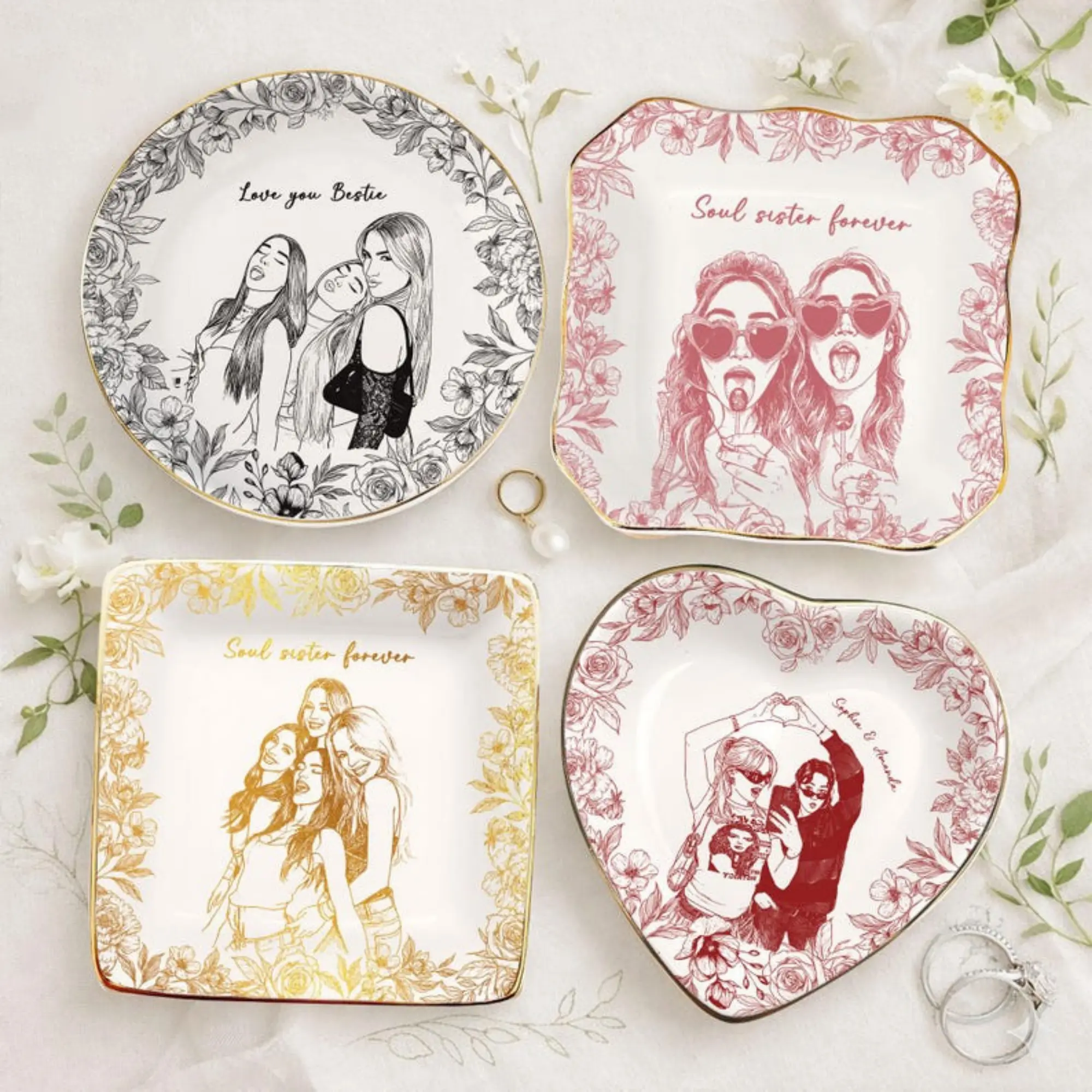 Personalized Bestie Photo Jewelry Tray - Accessory Organiser with Name/Date Add, Girl Gifts for Soul Sisters, Bridesmaid Birthday Graduation 2026 Ring Dish (Home Supplies Storage)