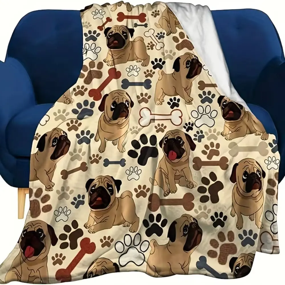 Ultra-Soft Pug & Dog Paw Print Flannel Throw Blanket  Soft Funny Throw Blanket Cozy Lightweight Plush Portable Cover Blanket For Sofa,Warm Gift For Birthday,Christmas,Multiple Blanket