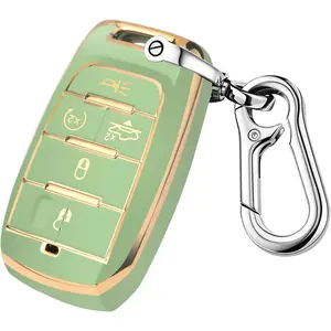 for Dodge Key Fob Cover, Fits for Dodge RAM 1500 2500 3500 4-5 Buttons 2019 2020 2021 2022 2023 TPU Key Fob Case with Keychain, Smart Remote Accessories Key Fob Protection (Gold-Green)