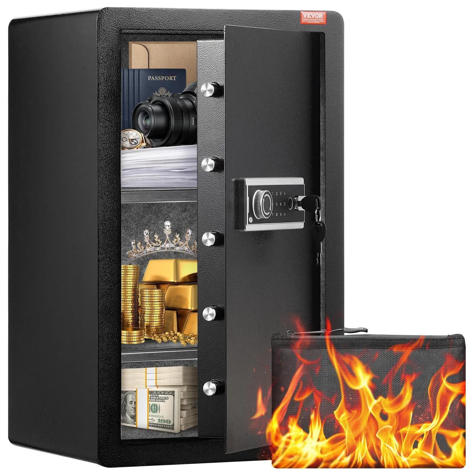 VEVOR 4.0 cu.ft Single Door Fingerprint Lock Safe Box - Wall Mount, Key Lock, Fireproof Bag, Key Rack, LED Lights, 2 Shelves, Solid Build Money Storage Container for Documents, Jewelry#SohoChic
