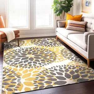 Modern Abstract Leaf Print Flannel Area Rug - Yellow Grey Contemporary Botanical Print Soft Mat for Living Room, Non-Slip Minimalist Home Decor#AbstractLeafRug #BotanicalPrintMat #MinimalistHomeDecor #YellowGreyCarpet #NonSlipFlannelRug