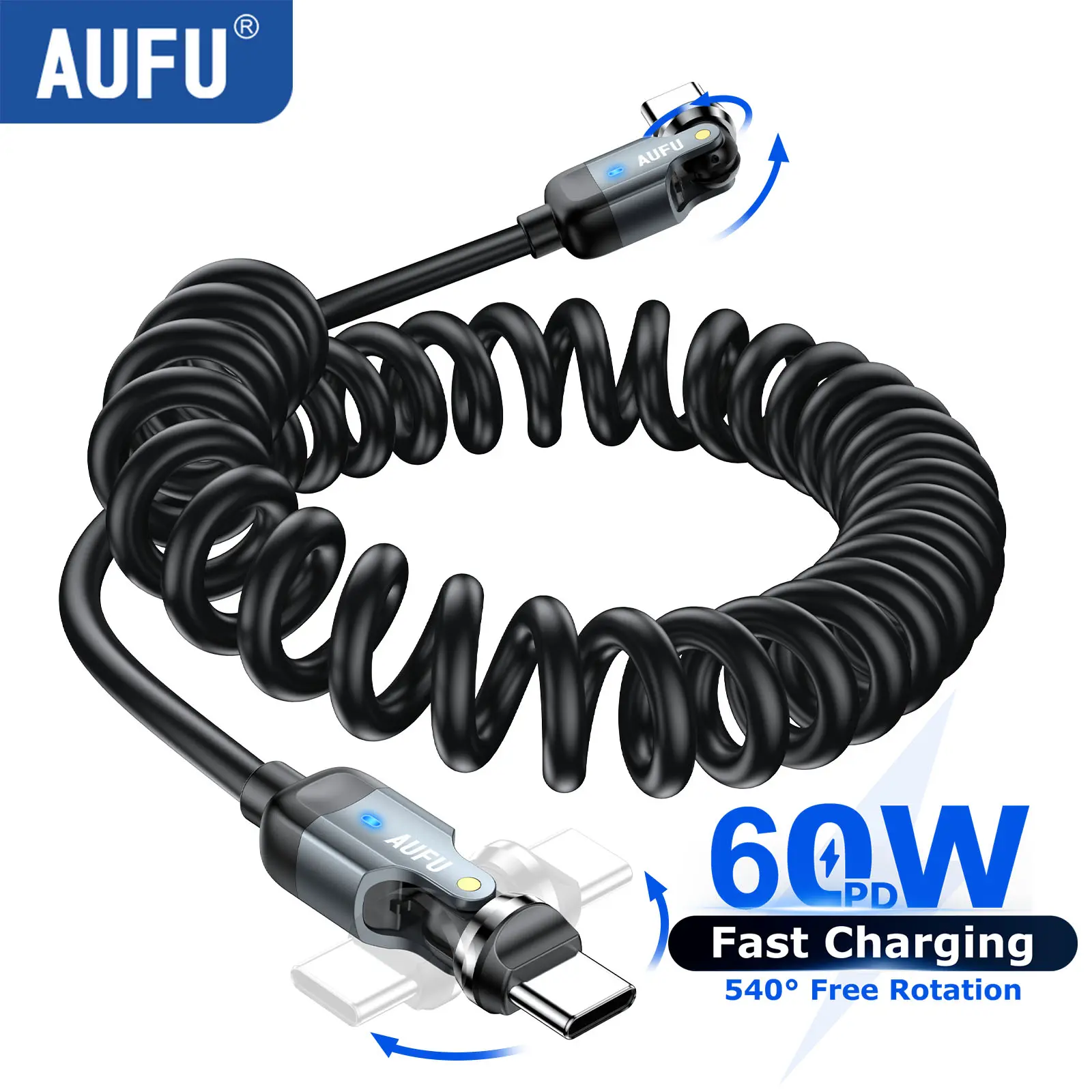 AUFU 540° USB C to Type C Cable 60W Fast Charging Spring Cable for iPhone17 Samsung Xiaomi Coiled Phone Car Charger Type-C Cable