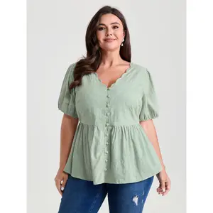 BloomChic Lady's Plus Size V-Neck Shortleeve Button Casual Top - Textured Fit-and-Flare Plain Blouse, Smooth Fitted Fabric, M-6X Sizes, 2026 Summer Turn-Up Mother's Day Pick Swimweek,summerwins,Spotlight,Summer wins,Deals for you days