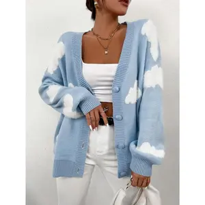 Women’s Drop-Shoulder Cloud-Patterned Lightweight Blue Knit Cardigan Top, Comfortable Casual Style