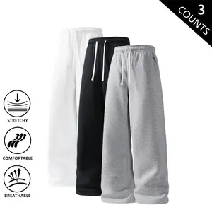 Men’s Solid Color Knit Jogger Pants, 3-Pack, Loose Straight Cut, Drawstring, Breathable and Comfortable, Sports Casual