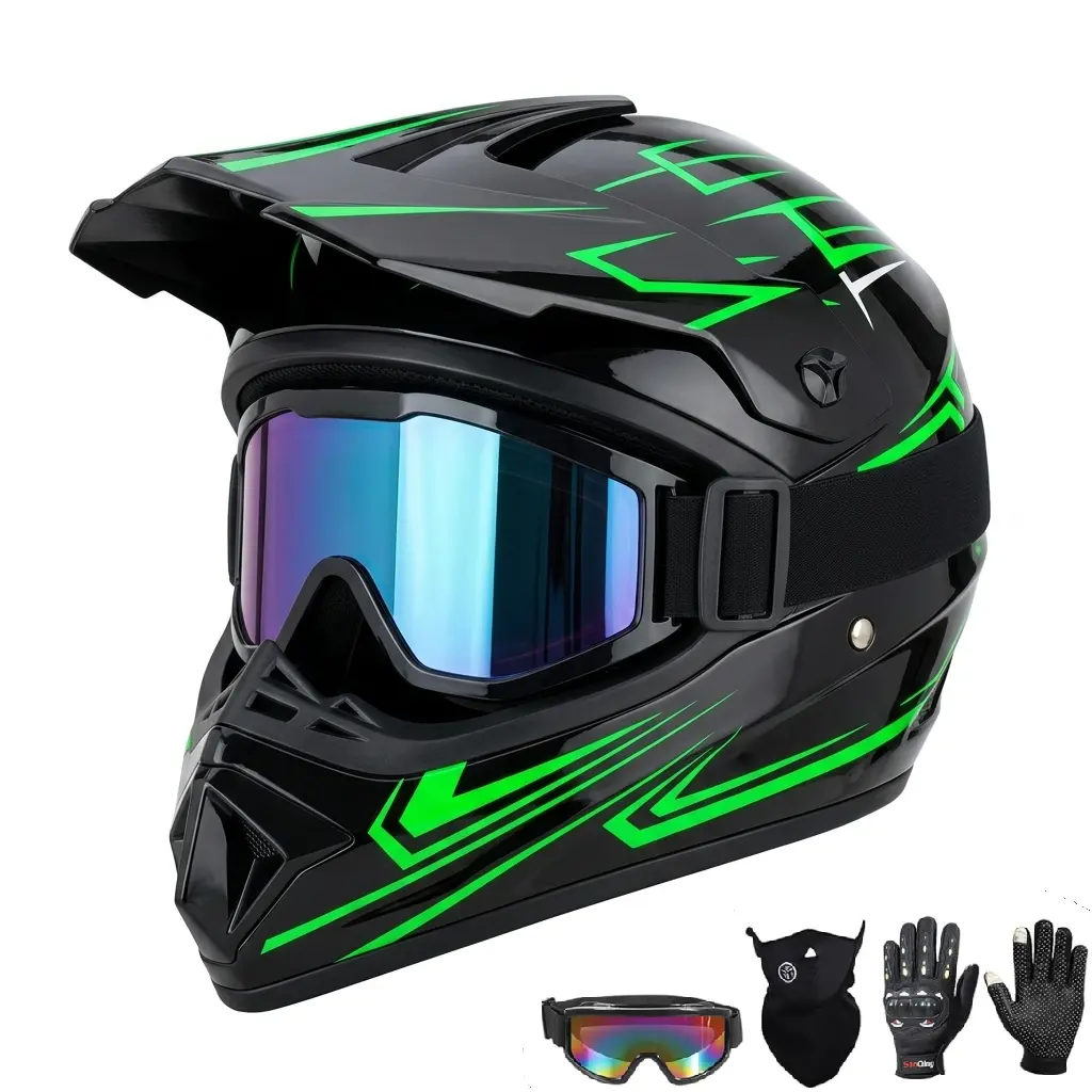 4 in 1 Adjustable Racing Safety Helmet DOT Certified, Adult Men Full Face Aero Helmet with Goggles Gloves Face Shield, Windproof Breathable Bicycle Motorcycle ATV Helmet