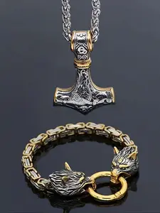 2pc Viking Vintage Hammer Necklace and Wolf Head Bracelet Jewelry Set, Gothic Pendant Necklaces for Men and Women, Party Accessories Gift