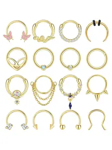 Fashionable 16 Pcs Unisex Golden Septum Jewelry Set for Women Men Sturdy 303 Surgical Steel Copper Exquisite Solid Texture Hinged Segment Clickers Timeless Horseshoe Styles Delicate Dangle Details Versatile Multipack Diverse Body Piercing Styling