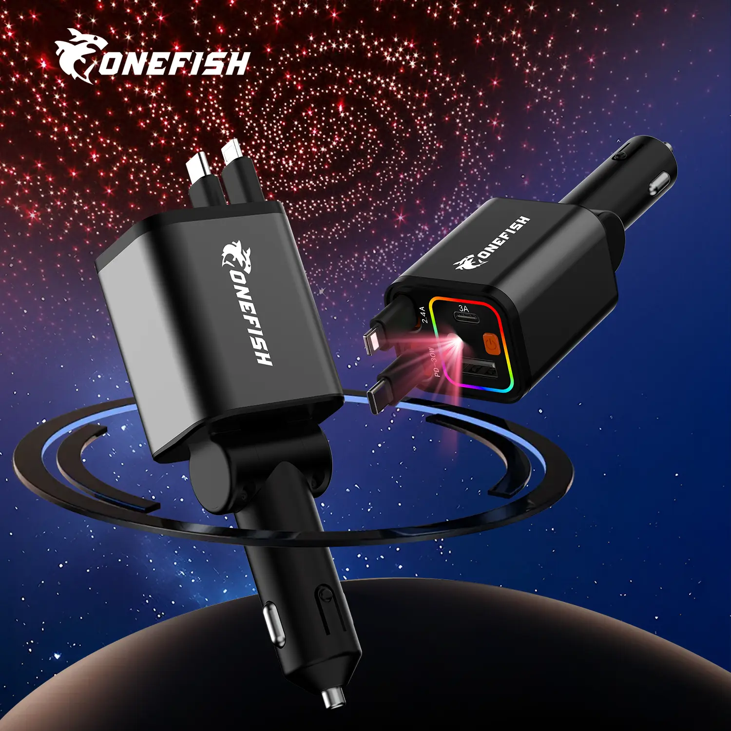 One Fish Starlight In Roof, 4-in-1 Retractable Car Charger,Red Starry Sky Ceiling,30W Fast charging Cablewith USB A, Type C, Automotive car charger led light Vehicle. One Fish Starlight In Roof, 4-in-1 Retractable Car Charger,Red Starry Sky Ceiling,30W Fast charging Cablewith USB A, Type C, Automotive car charger led light Vehicle.