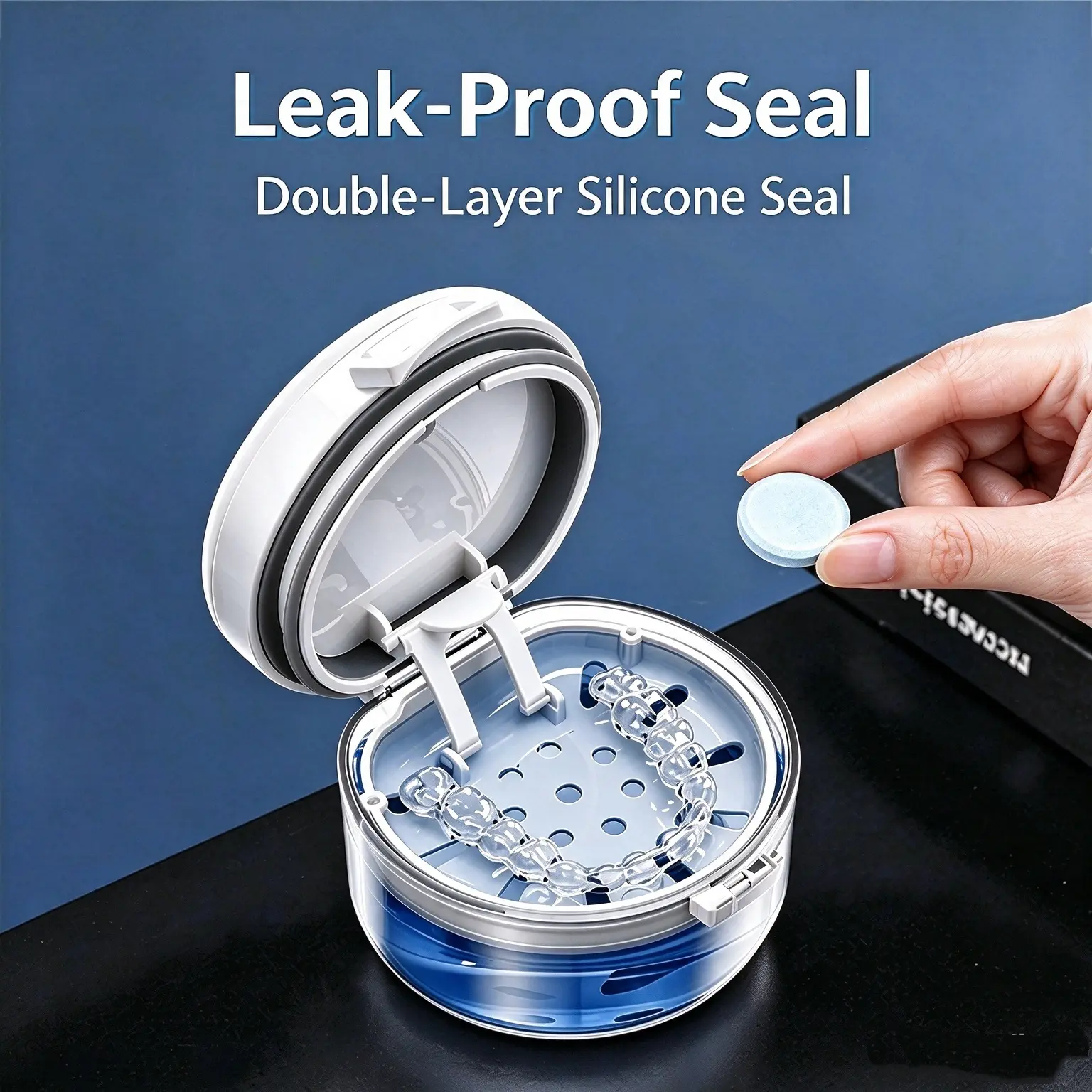 Dental Retainer Soak & Store Box, Portable Leak-Proof Silicone Seal Container with Drain Tray, Air Vent Valve & Magnetic Lid, Travel Holder for Invisalign & Orthodontic Night Guards