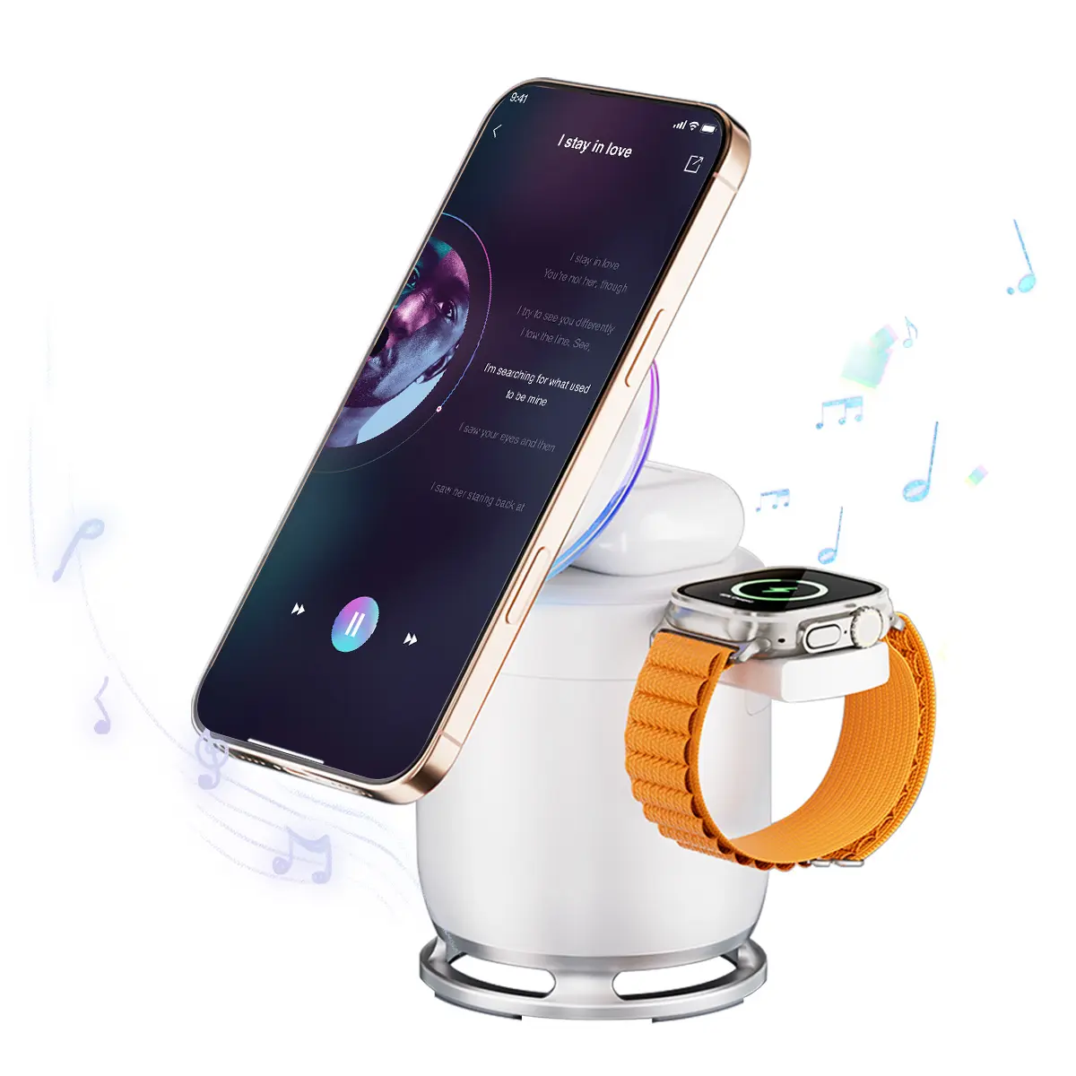 VAISEKE 3 in 1 Charging Station,Magnetic Wireless Charger with Light & Bluetooth Speaker for Apple MagSafe Charger Stand,Foldable Nightstand Charging Station for iPhone,Airpods,Watch