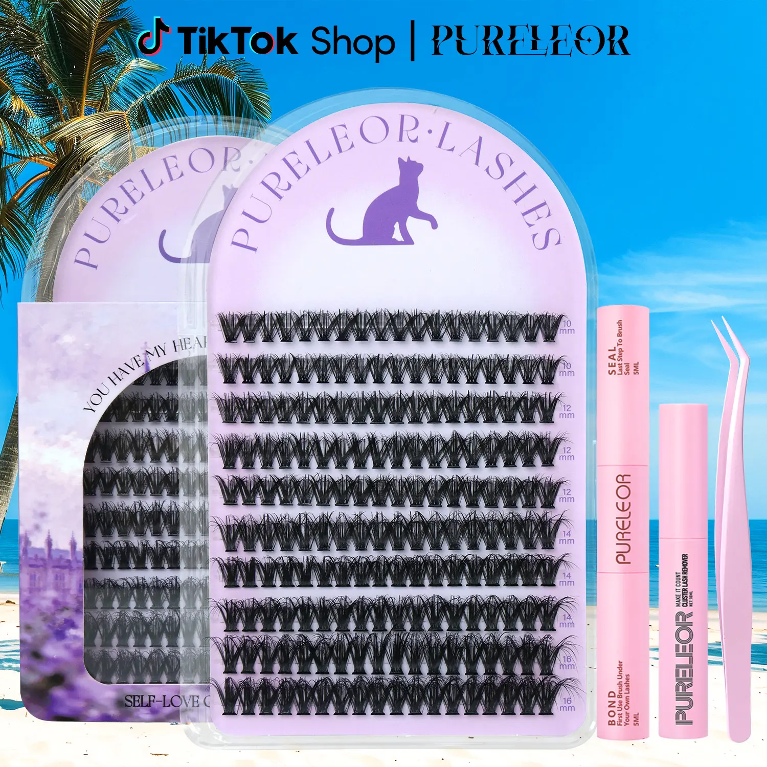 PURELEOR Lashes Cluster Cat Eyes Style Mixed 10-12-14-16mm D-Curl False Eyelashes Extensions DIY at Home for Summer Vibes
