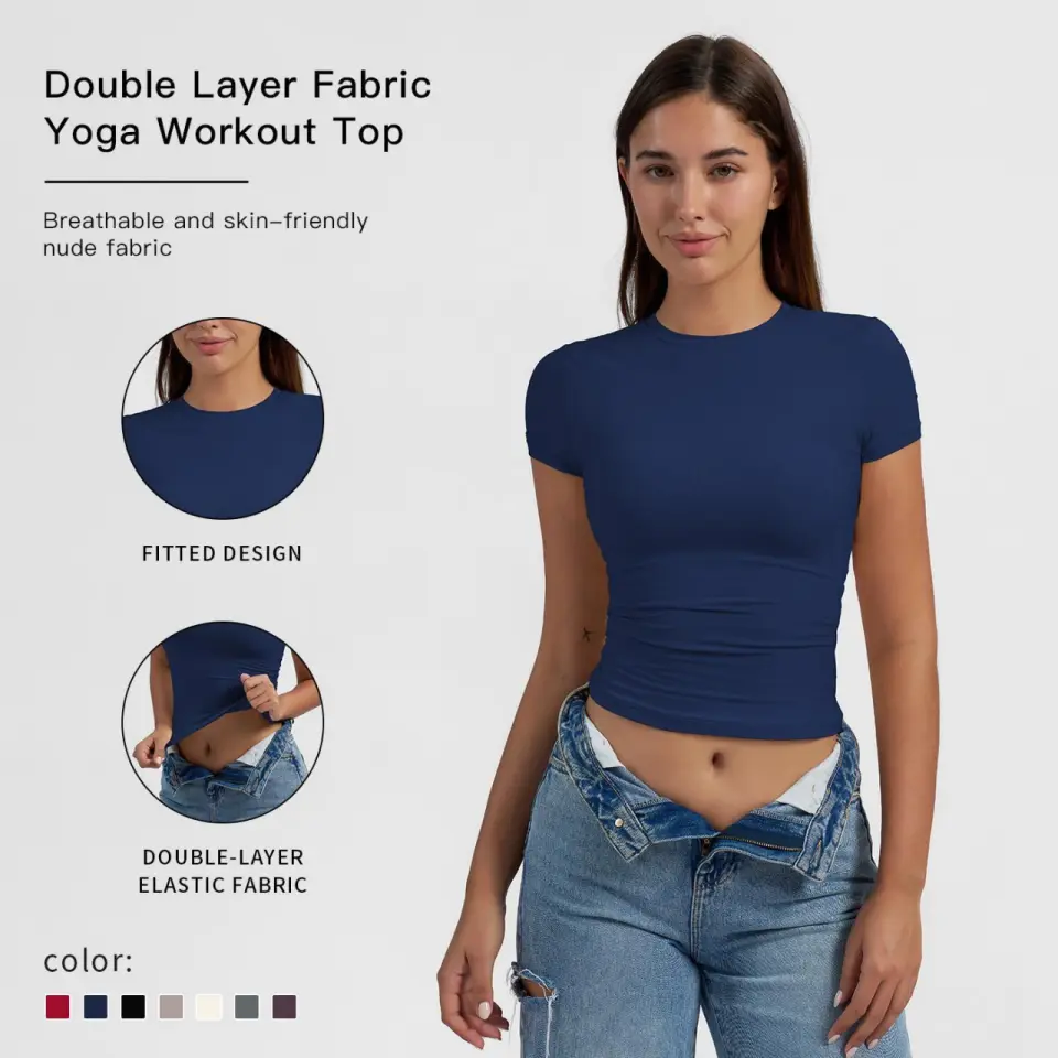 MFVIM Women's Fitted Double-Layer Breathable Short-Sleeve Athletic Style Shirt - Fashion Gym Top, Fitness Shirt, Active Sportswear Tops for Women for Yoga & Gym,summerwins,travel essentials,camping essentials