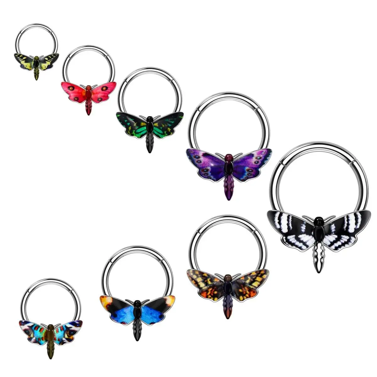 OUFER BODY JEWELRY 16G Stainless Steel Hinged Segment Hoop Septum Nose Ring - 10mm Inner Diameter, Unique Allure Animal Motifs (Hawk, Black White Moth with Detailed Wings), Halloween Fashion Body Accessory, Edgy Body Jewelry