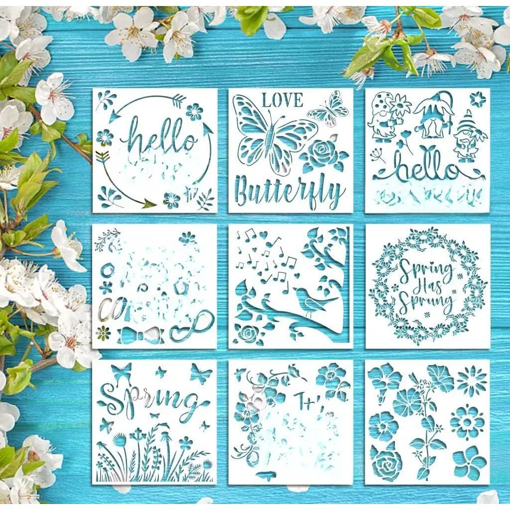 9PCS Large Spring Stencils for Painting on Wood Wall Fabric Words Flowers Wreath Birds Gnomes Stencil Templates DIY Home Decorations Paint Signs Reusable Plastic