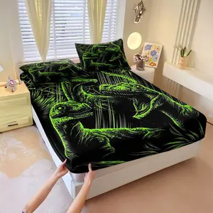3Pcs Neon Green Dinosaur Fitted Sheet Set, Velociraptors Against Black Background, Detailed Sketchy Design, Perfect for Kids' Room Decor, Add a Roaring Touch to Your Bedroom! Includes 2 Pillowcases, No Pillow Core